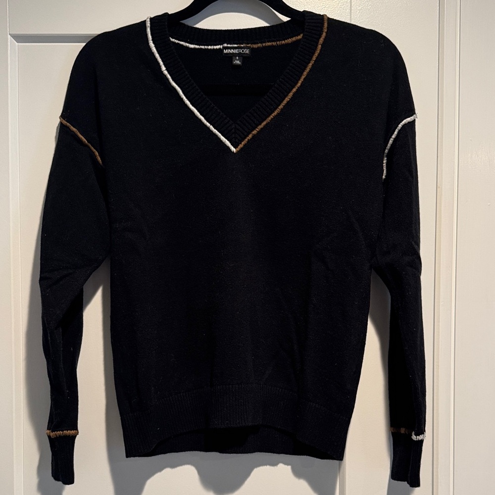 Minnie Rose Black Sweater with White and Brown Trim